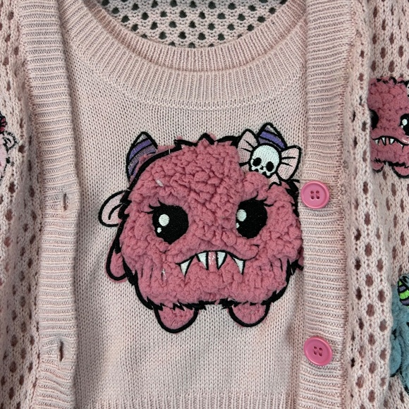 Hot topic Sweet Society Embroidered Fuzzy Monster Girl's Cardigan Set Size Large - Picture 3 of 14